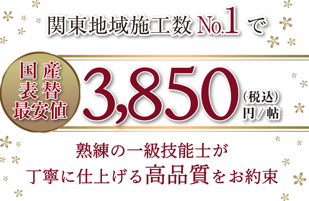 関東地域施工数No.1 国産表替最安値 熟練の一級技能士が丁寧に仕上げる高品質をお約束