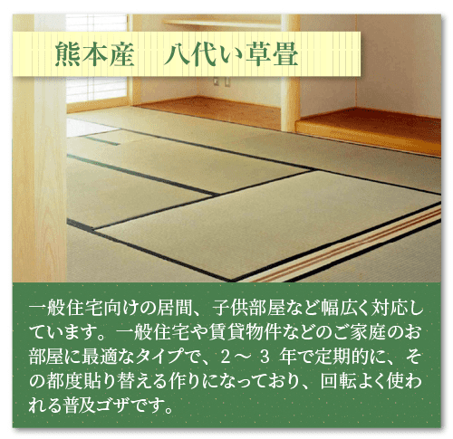 「熊本産　八代い草畳」
一般住宅向けの居間、子供部屋など幅広く対応しています。
一般住宅や賃貸物件などのご家庭のお部屋に最適なタイプで、2～3年で定期的に、その都度貼り替える作りになっており、回転よく使われる普及ゴザです。