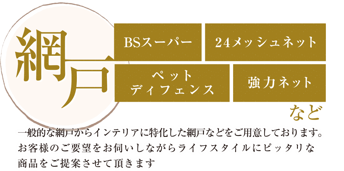 網戸（BSスーパー・24メッシュネット・ペットディフェンス・強力ネット）など
